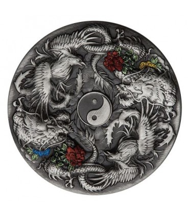 Double Dragon and Dragon Phoenix with Yin Yang 2oz 9999 Silver Antiq.